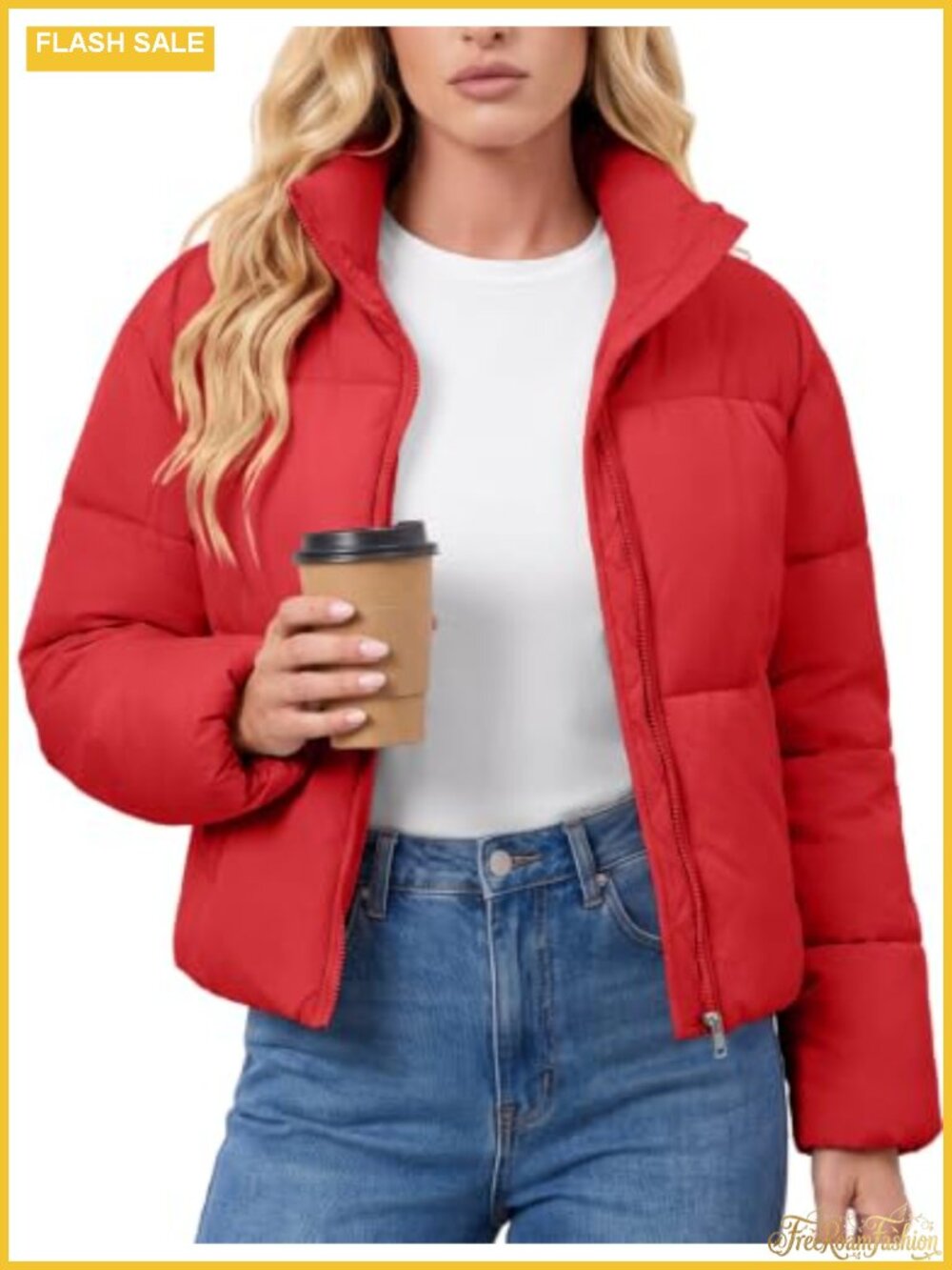 Cropped Quilted Puffer Jacket Stand Collar Zip Warm Winter Coat